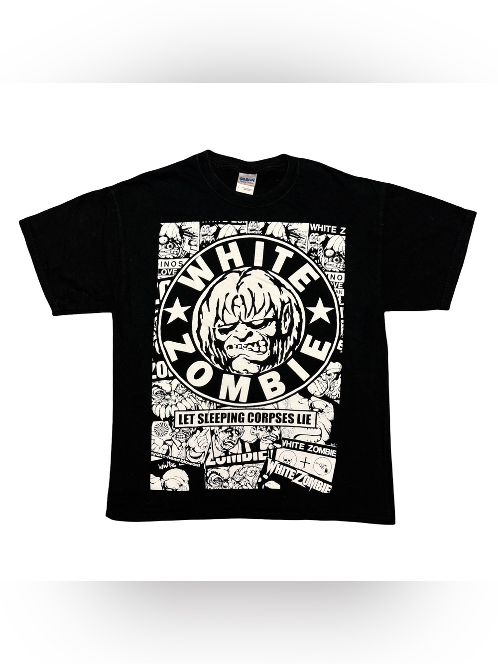 Y2K White Zombie Let Sleeping Corpses Lie Graphic T-Shirt Black Large